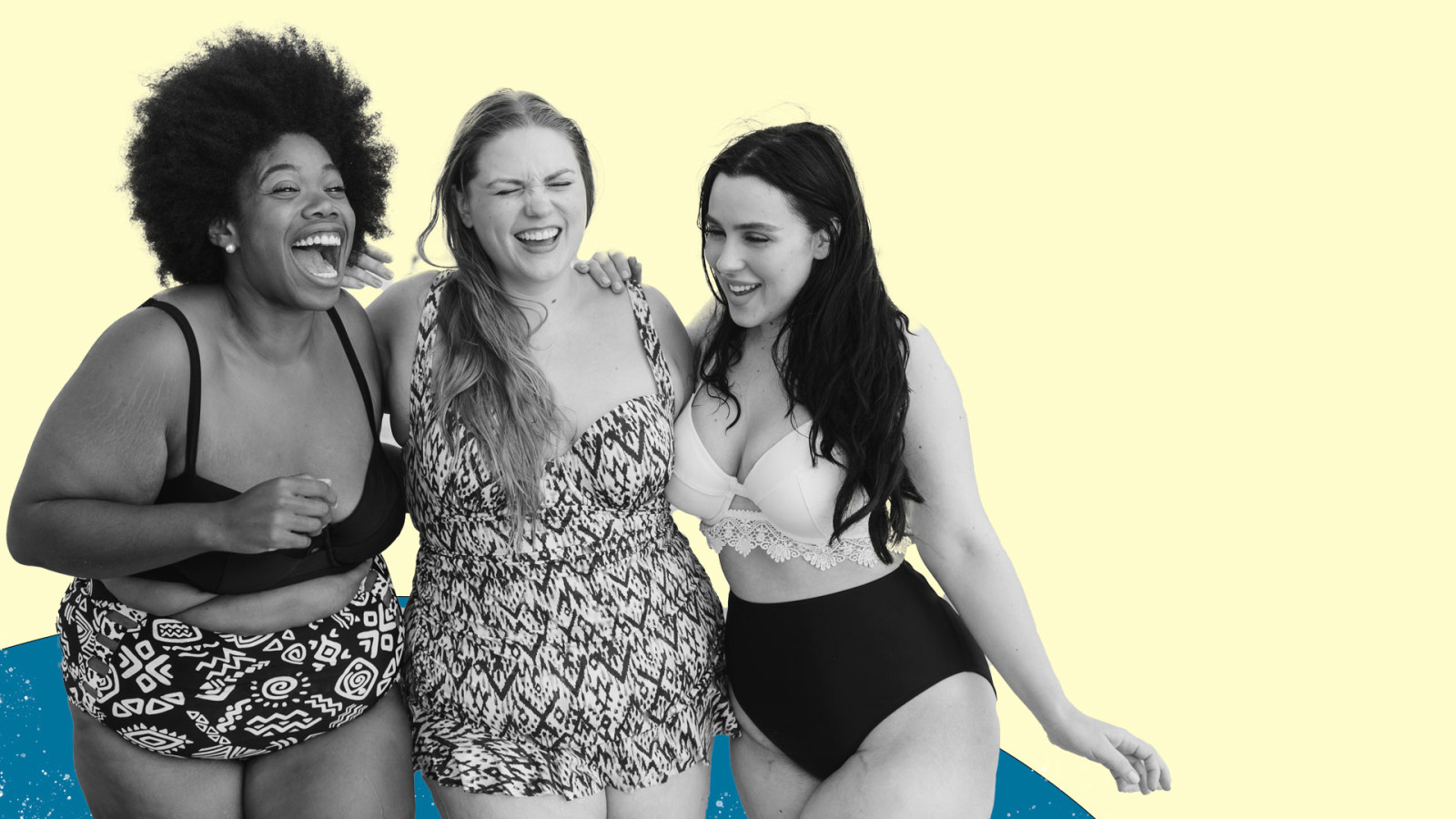 Collage style image. Smiling plus-sized women in swimwear.