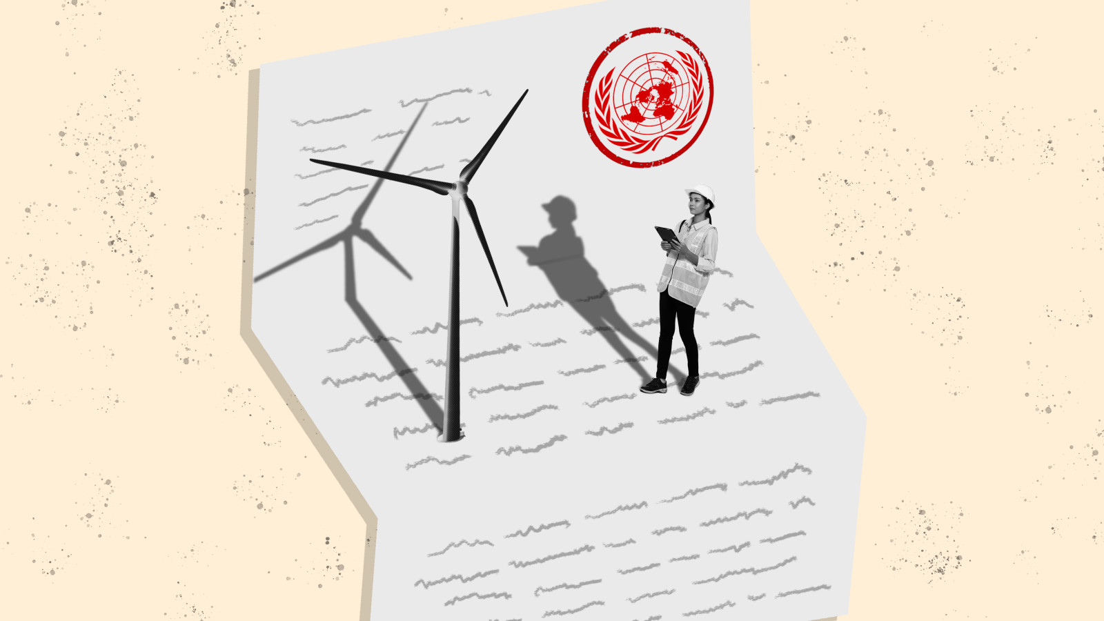 Creative image of a female wearing a hard had monitoring a wind turbine Creative image of a female wearing a hard had monitoring a wind turbine