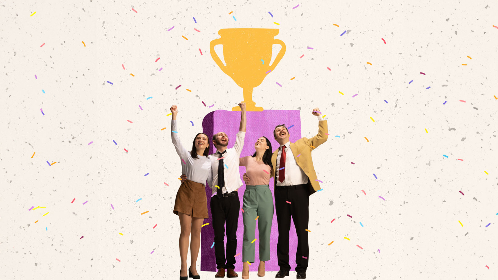 Creative design, contemporary art collage of group of people celebrating victory near gold cup trophy symbol. Creative design, contemporary art collage of group of people celebrating victory near gold cup trophy symbol.