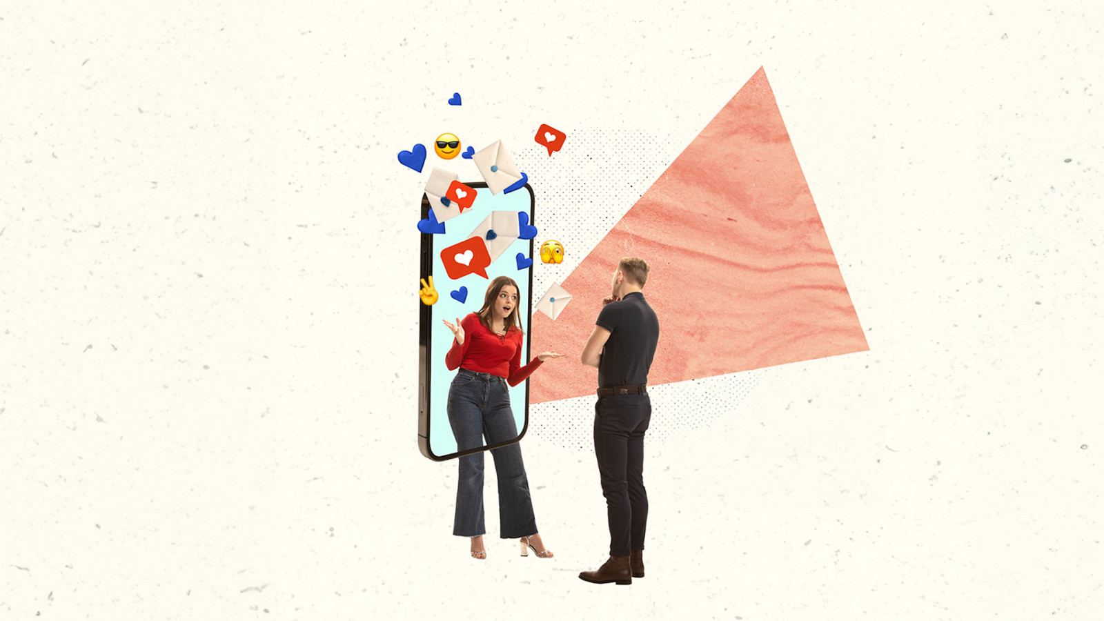 Contemporary art collage. Man standing in front of a phone screens with a woman. Contemporary art collage. Man standing in front of a phone screens with a woman.
