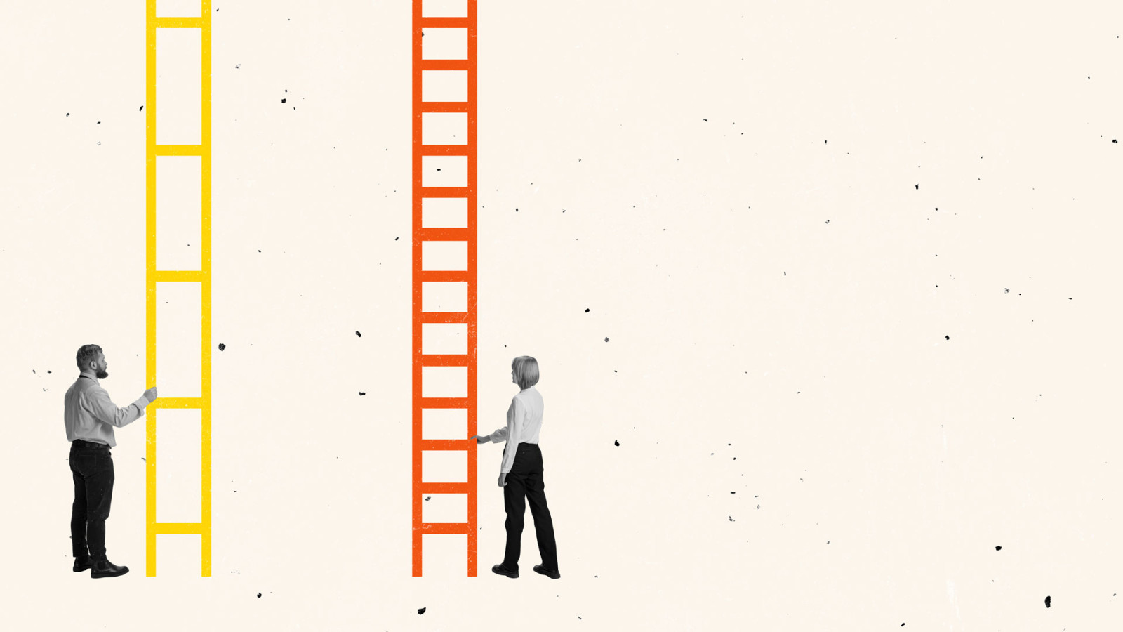 Contemporary art collage. Man and woman standing near ladder of success with unequal steps symbolising gender discrimination. Contemporary art collage. Man and woman standing near ladder of success with unequal steps symbolising gender discrimination.