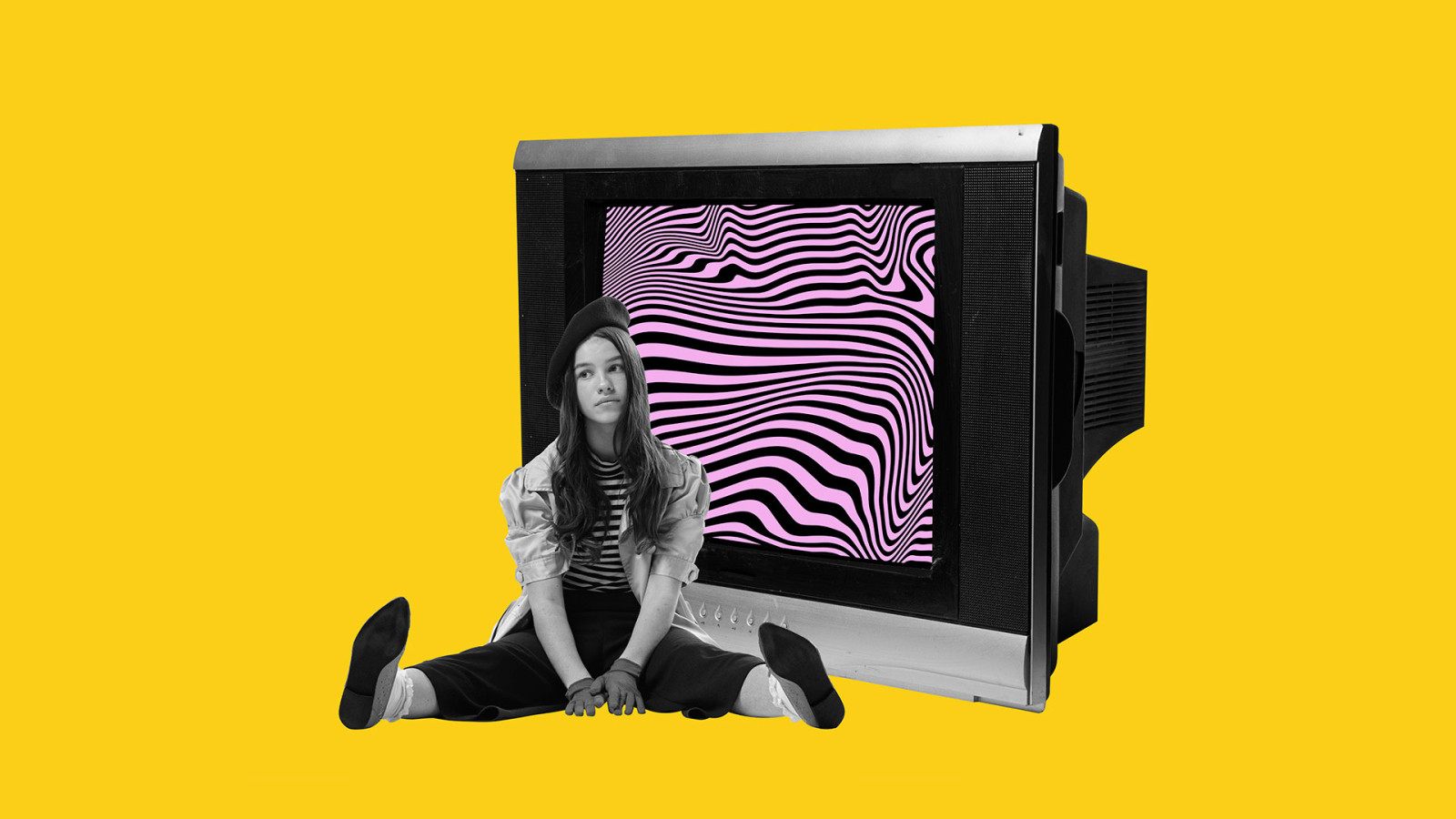 Contemporary art collage. Teen girl sitting in front of retro tv set.