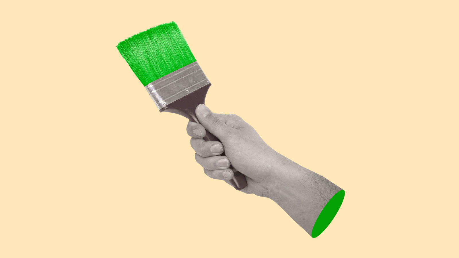 Contemporary art collage with a hand holding a brush. Greenwashing concept. Contemporary art collage with a hand holding a brush. Greenwashing concept.