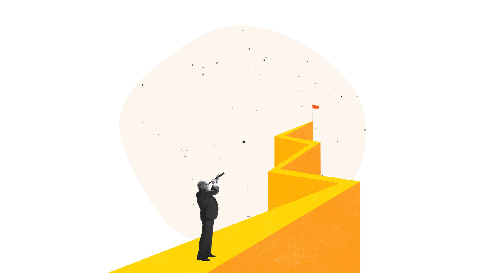 Contemporary art collage. Businessman looking ot top of the mountain, paving way to the top. Contemporary art collage. Businessman looking ot top of the mountain, paving way to the top.