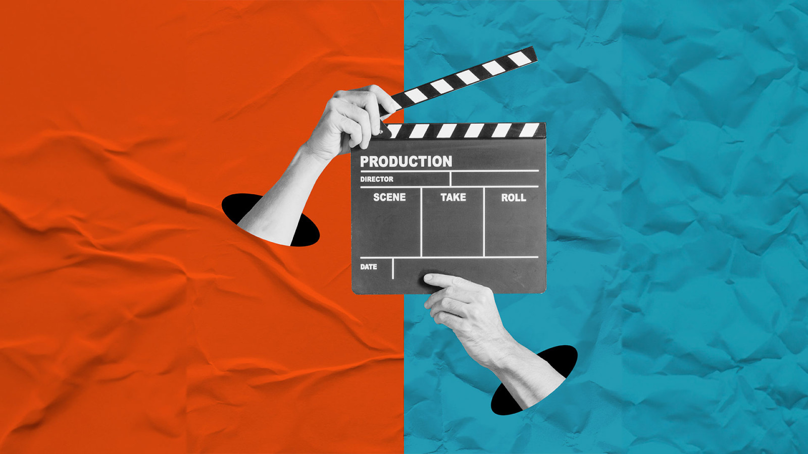 Collage of hands holding a clapper making a movie video in the studio. Collage of hands holding a clapper making a movie video in the studio.