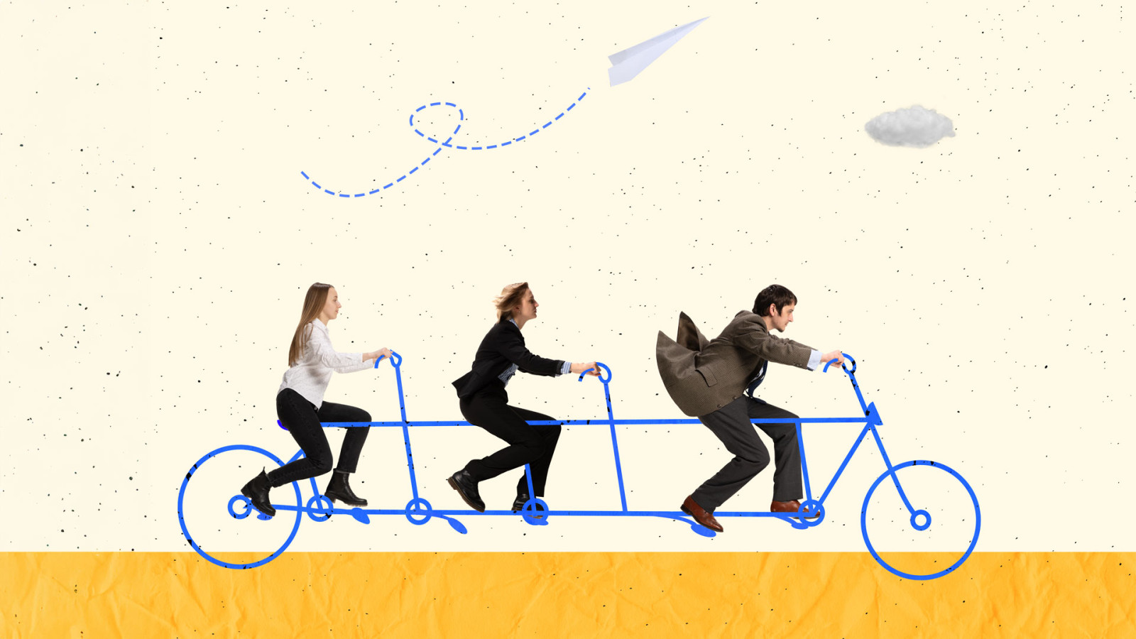 Creative design. Contemporary art collage. Team, employees cycling together symbolzing successful teamwork, cooperation. Creative design. Contemporary art collage. Team, employees cycling together symbolzing successful teamwork, cooperation.