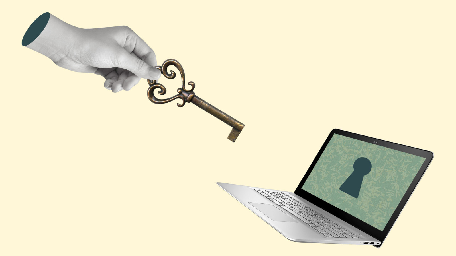 Creative collage of hand with a key and laptop.