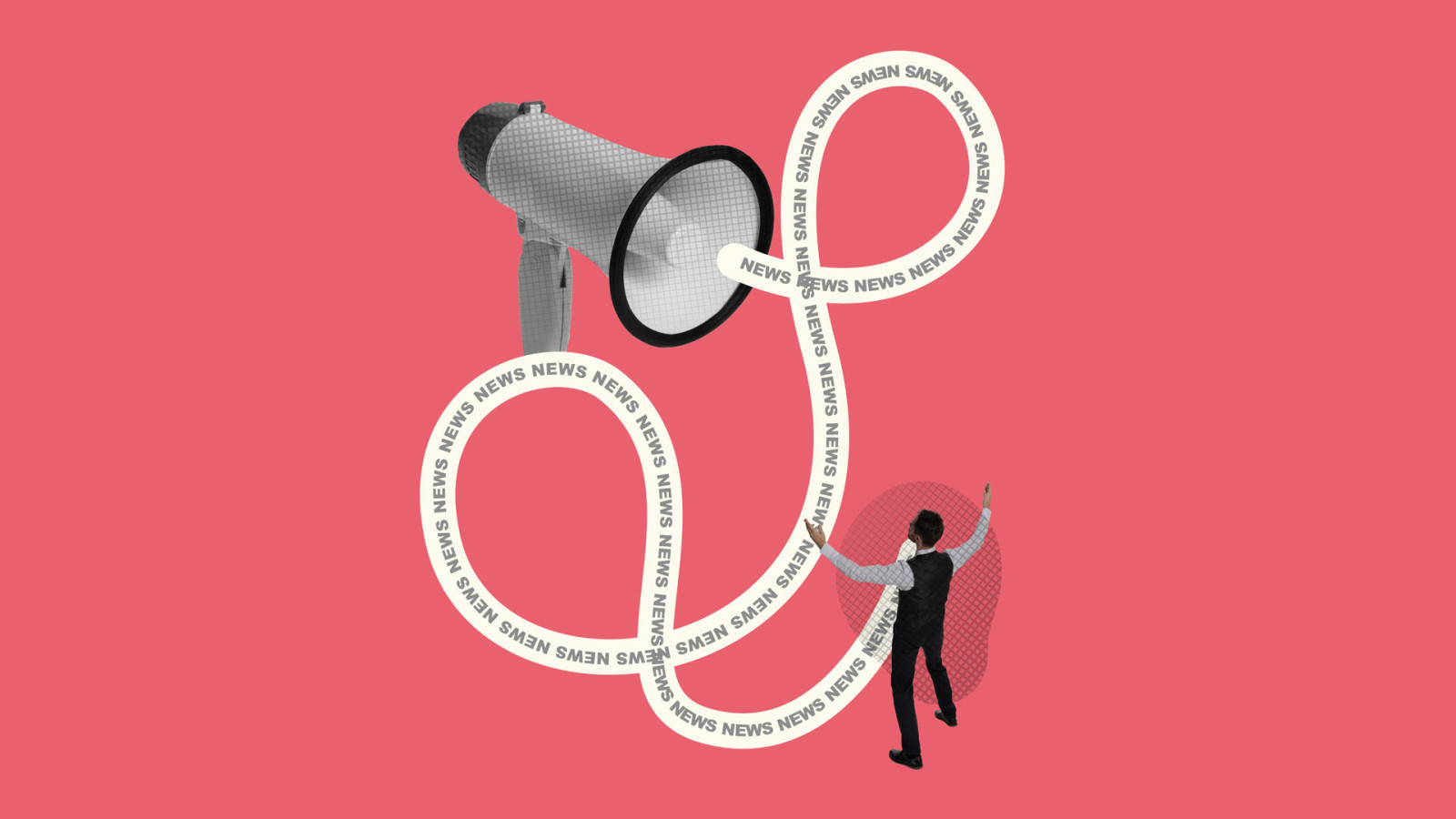 Contemporary art collage. Conceptual image. Man standing in front of megaphone talking fake news isolated over pink background . Contemporary art collage. Conceptual image. Man standing in front of megaphone talking fake news isolated over pink background .