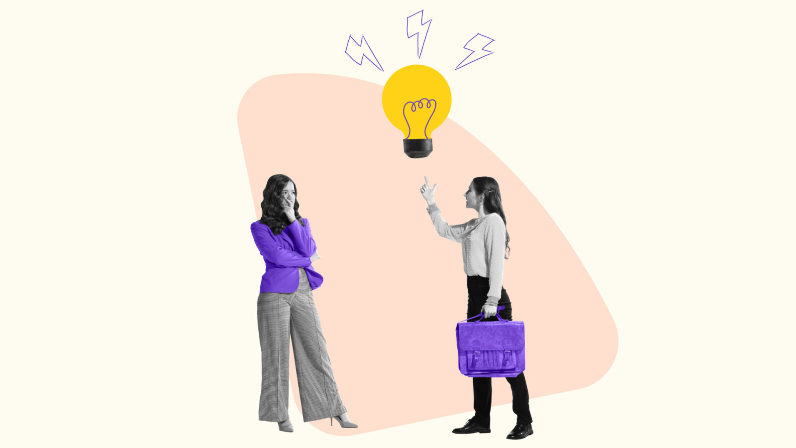 Creative conceptual design. Professional discussion. Woman with light bulb above head symbolising professional inspiration.