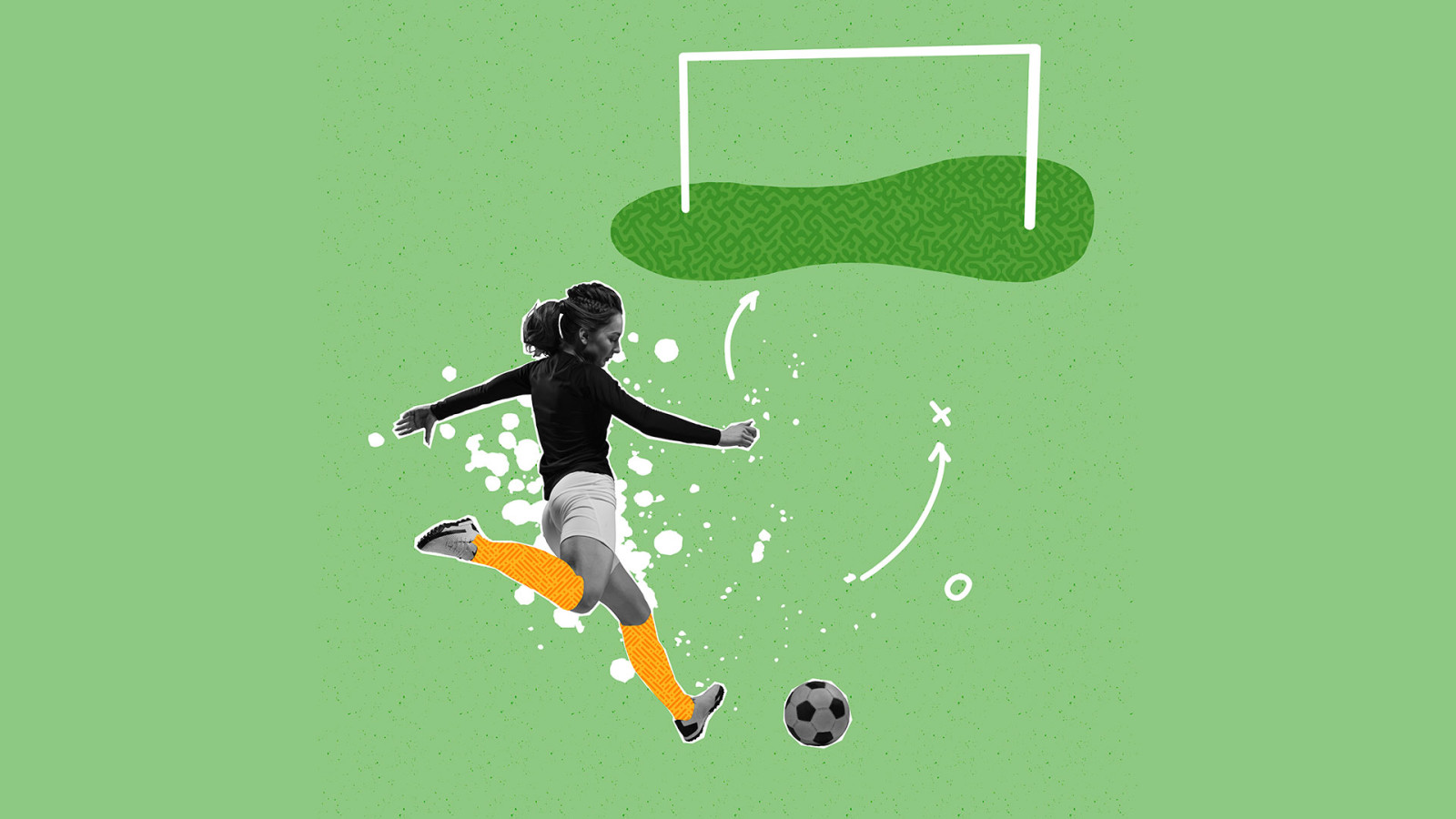 Energetic female soccer player playing football over light background with drawings, sketches.