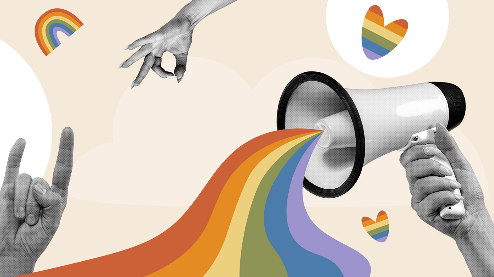 Conceptual social design with human hands,LGBTQ flags, loudspeaker