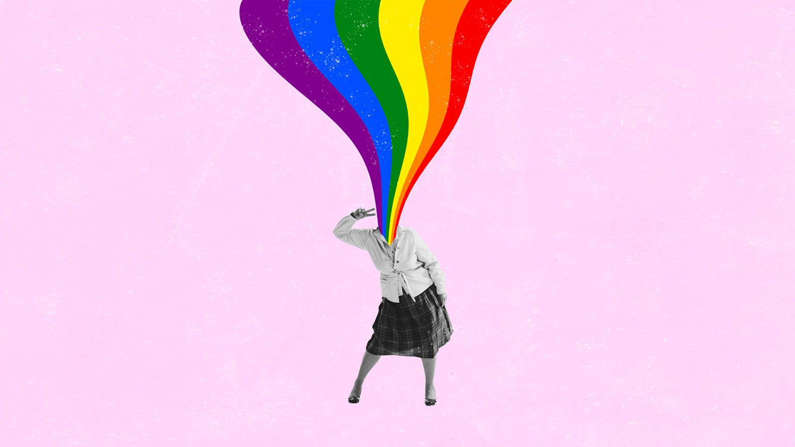 Contemporary art collage. Retro woman with rainbow coloured design isolated over pink background. LGBTQIA support. Contemporary art collage. Retro woman with rainbow coloured design isolated over pink background. LGBTQIA support.