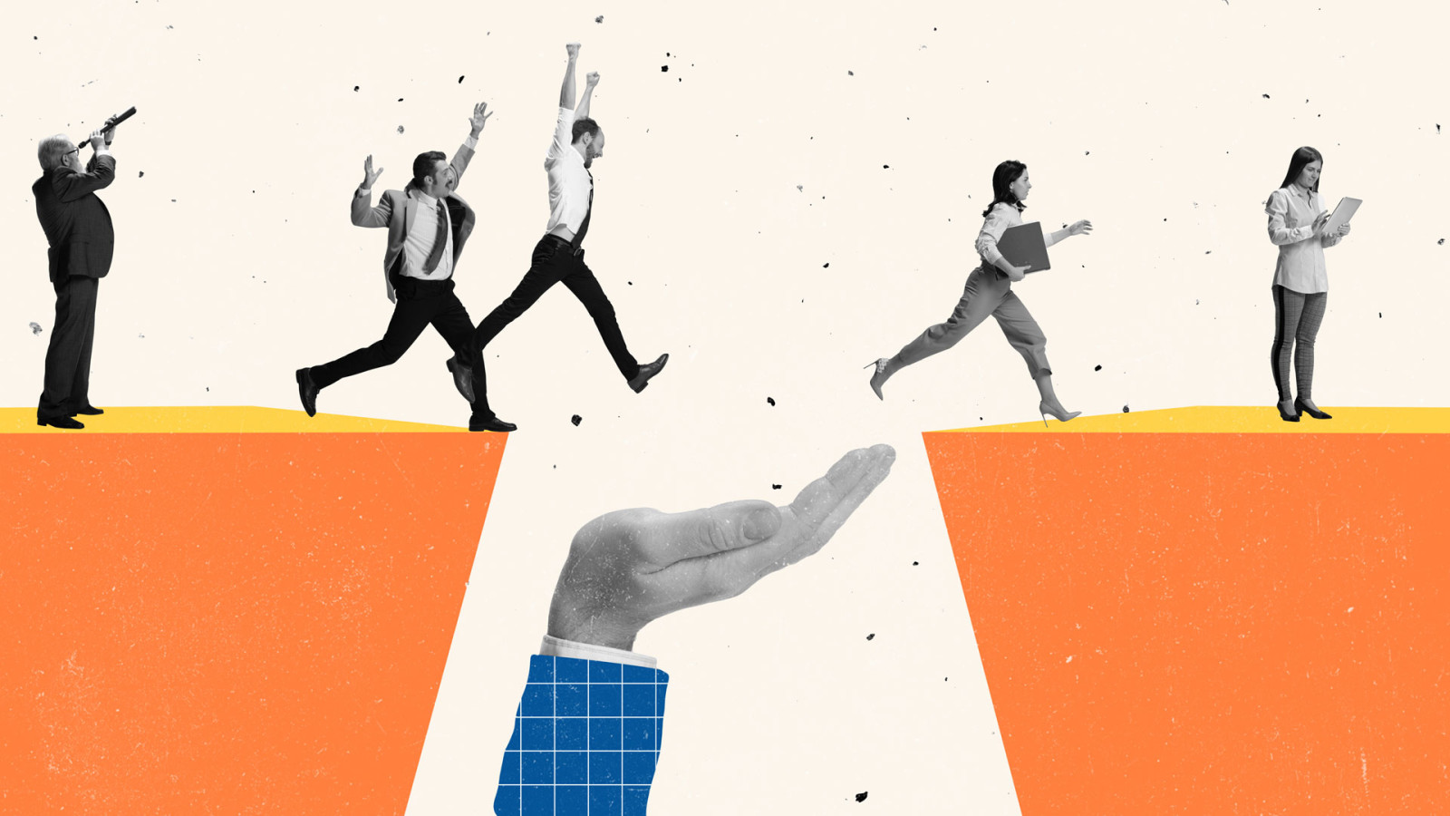 Creative modern design. Contemporary art collage climbing jumping over cliff symbolising success. Creative modern design. Contemporary art collage climbing jumping over cliff symbolising success.