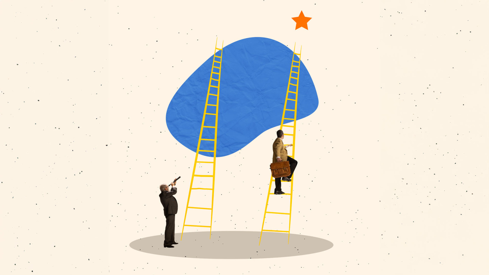 Creative design. Contemporary art collage of businessman climbing up the ladder to the star. Leader looking in telescope. Creative design. Contemporary art collage of businessman climbing up the ladder to the star. Leader looking in telescope.