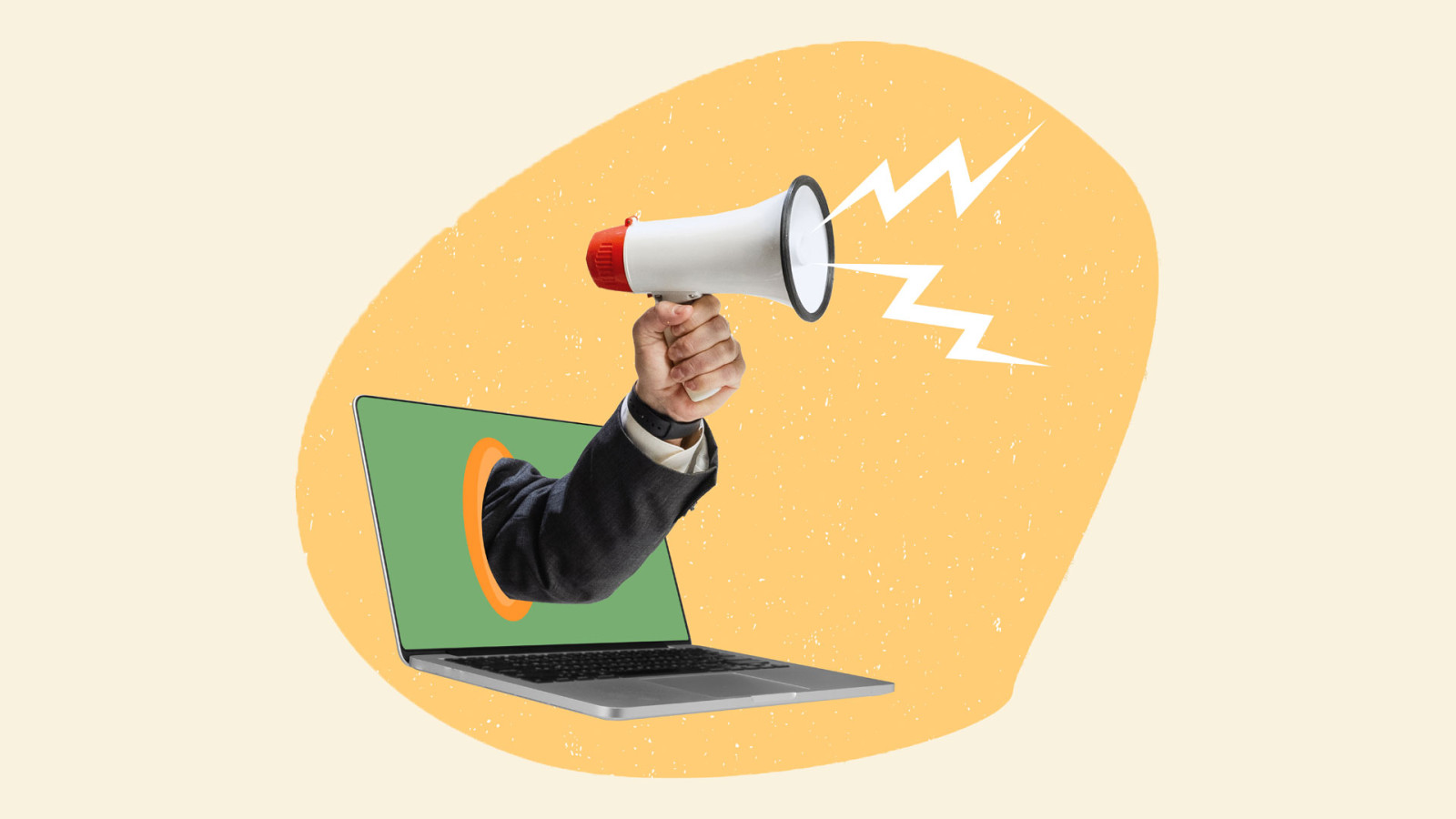 Contemporary art collage. Male hand with megaphone sticking out laptop screen. Contemporary art collage. Male hand with megaphone sticking out laptop screen.