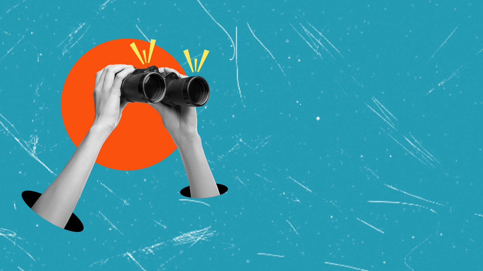Contemporary artistic collage depicting hands holding binoculars against a blue background. Contemporary artistic collage depicting hands holding binoculars against a blue background.