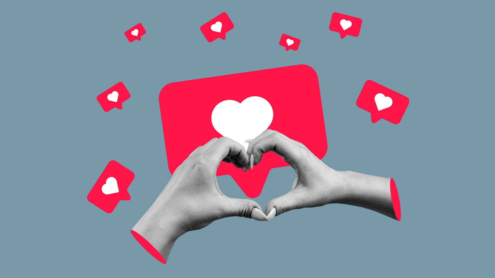 Social media like icons. Contemporary art collage of hands making heart shape isolated over grey background.