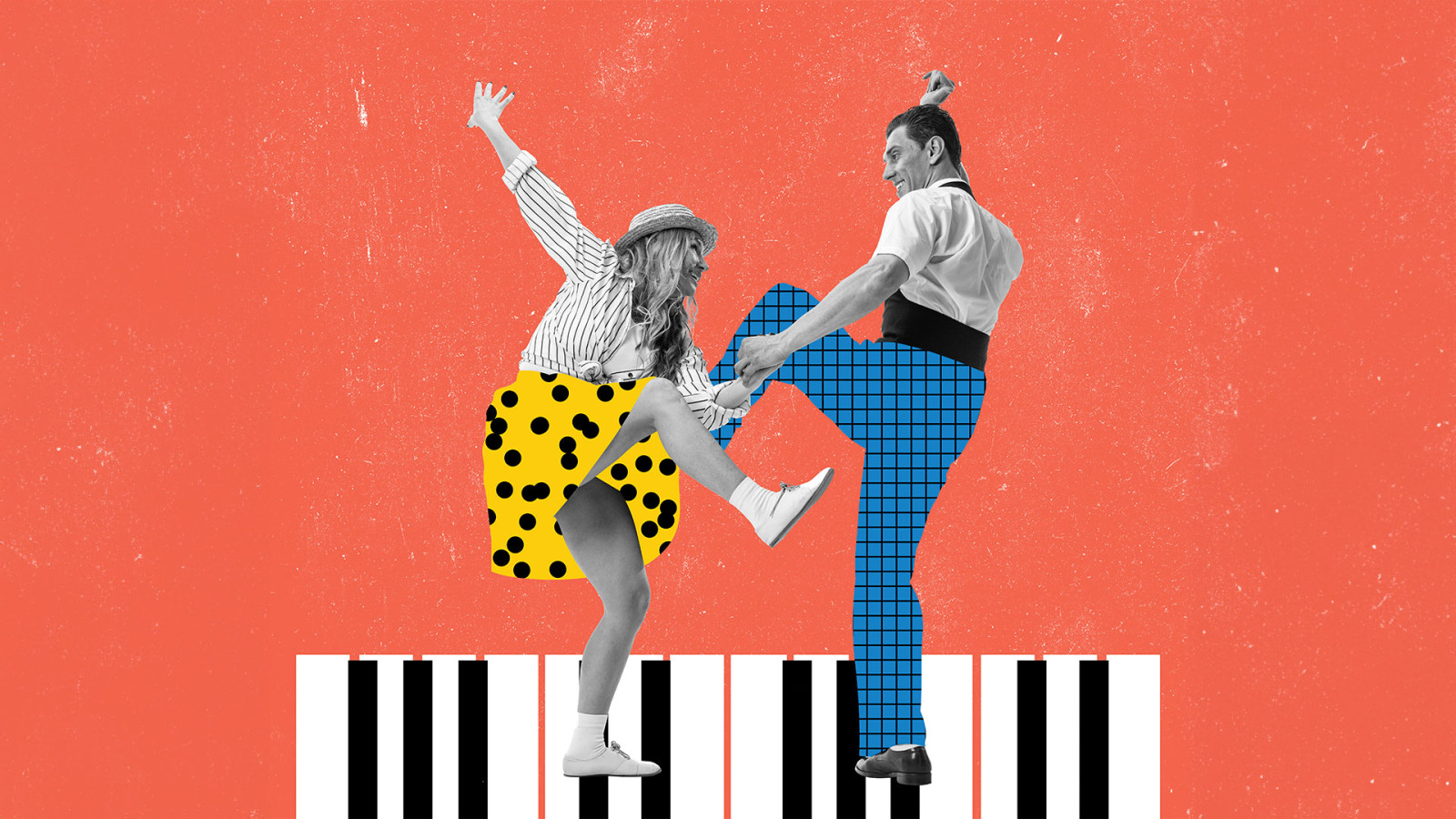 Young happy dancing man and woman in bright retro 70s, 80s style outfits dancing over coloured background with drawings.