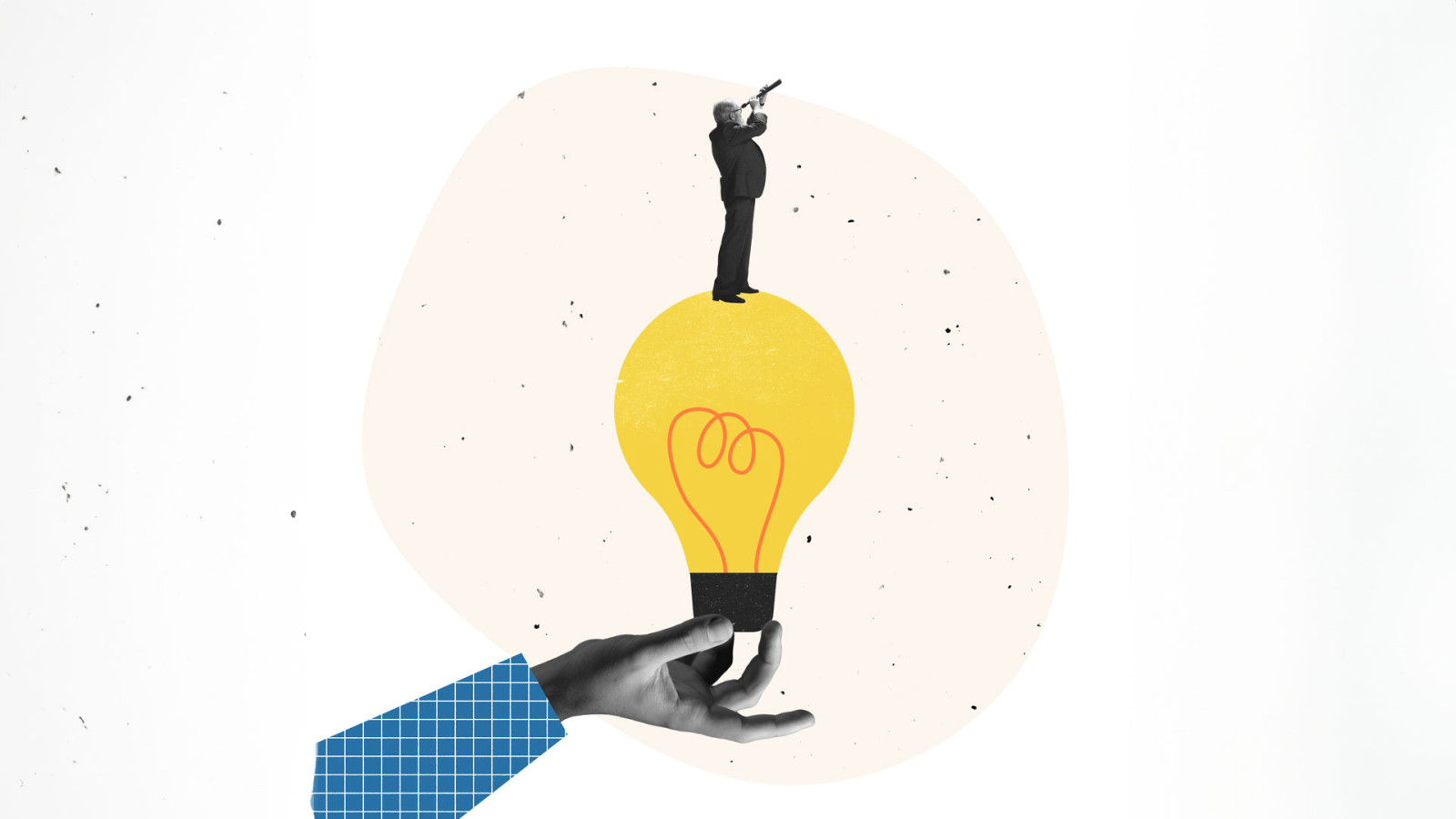 Contemporary art collage. Creative design. Businessman standing on lightbulb and looking in telescope. Contemporary art collage. Creative design. Businessman standing on lightbulb and looking in telescope.