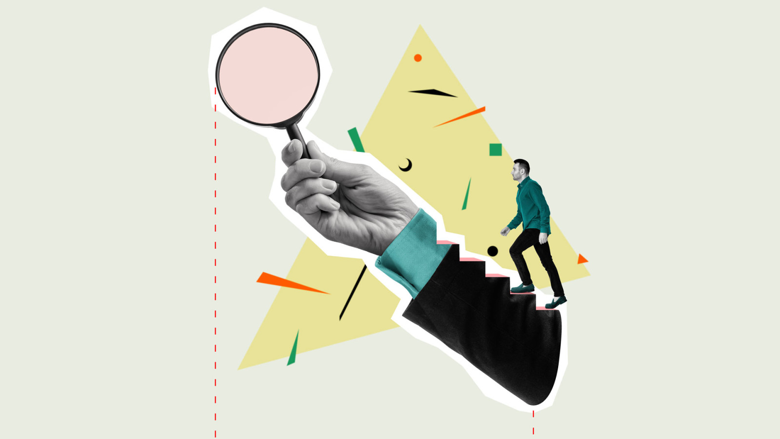 A creative image of a  man stepping towards a hand with a magnifying glass