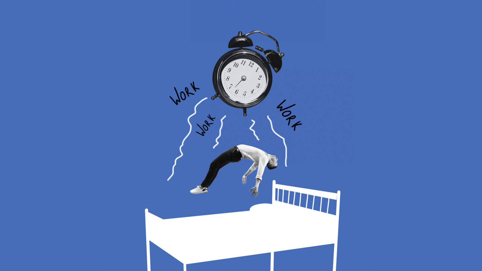 An alarm wakes up man for work on blue background. An alarm wakes up man for work on blue background.