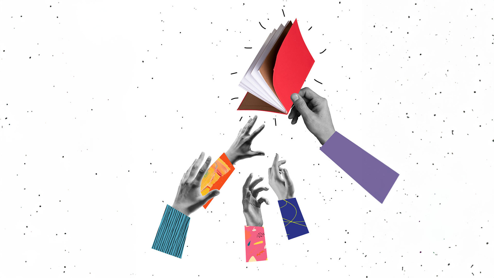 Creative collage. Hands reaching for a book. Creative collage. Hands reaching for a book.