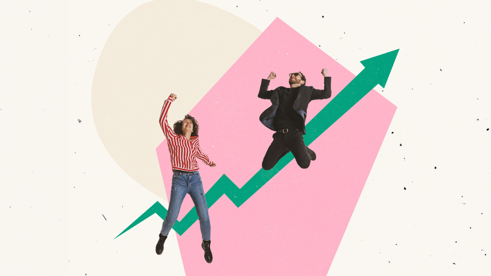 Creative design. Two happy and excited employees celebrating success. Arrow symbolising career growth and achievement. Creative design. Two happy and excited employees celebrating success. Arrow symbolising career growth and achievement.