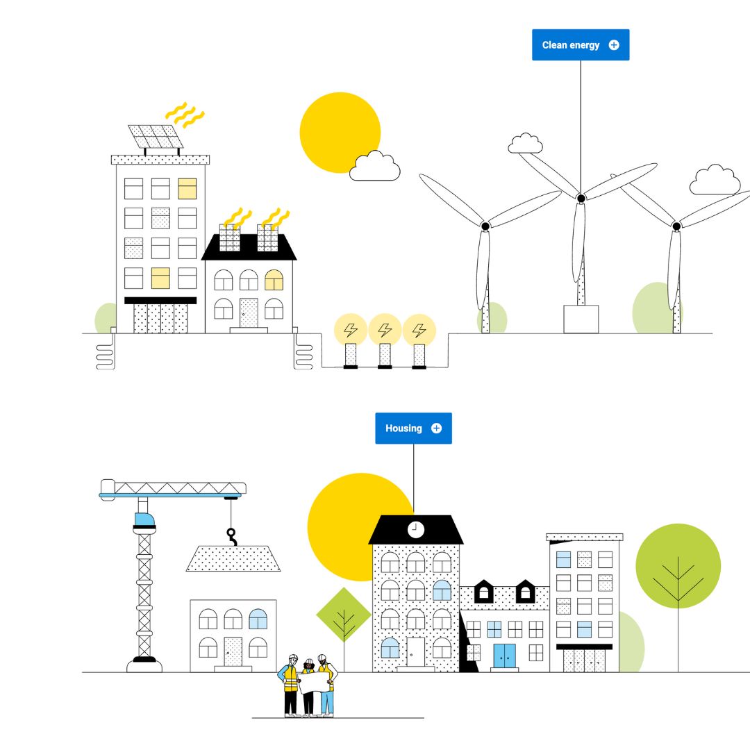 Still image of a sample Interactive infographic, illustrative on-brand style for Legal & General's Our City web page.
