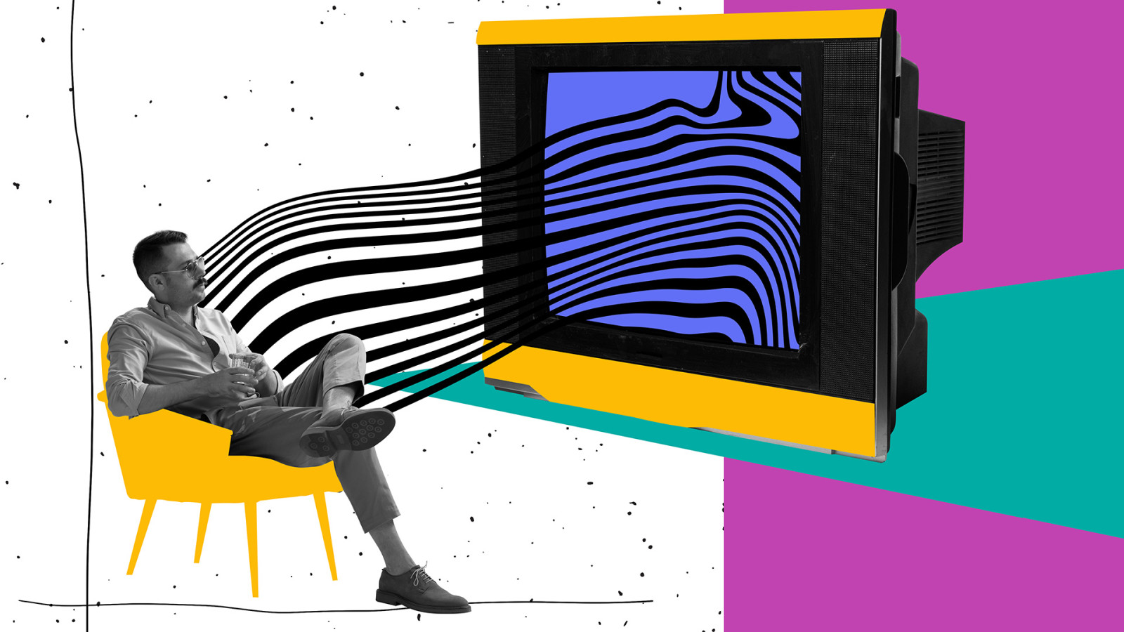 Mixed media hero image of man sitting in yellow chair looking at tv with nondescript screen and black and white connectivity lines between tv and man for Wardour blog on how corporate video got serious in 2023