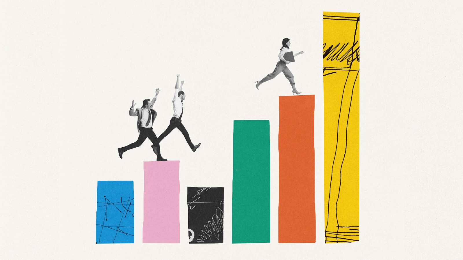 Mixed media hero image of coloured bar chart as steps for people to climb to top for Wardour blog on steps for employer brand strategies