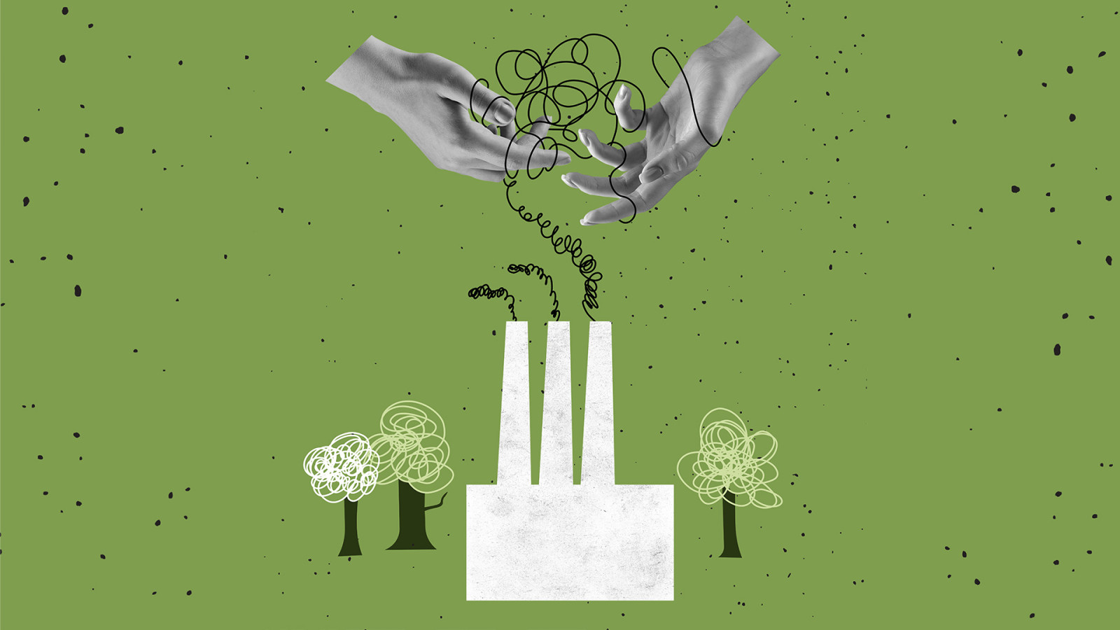 Mixed media hero image of trees and power station with squiggles held by a pair of hands for Wardour blog on how to cut greenwashing from comms plan