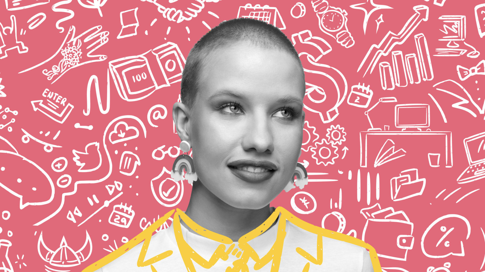 Image of shaved head girl on white doodles coral background for GMAC campaign as Content marketing page cover