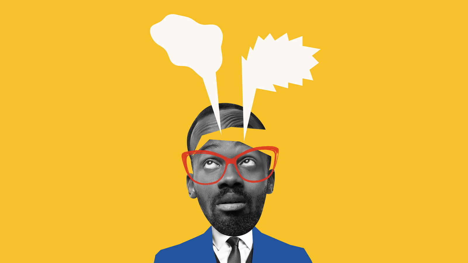 Mixed media hero image of man with red glasses in suit with thought bubbles coming out of head for Wardour blog on inside an employer brand agency brainstorm