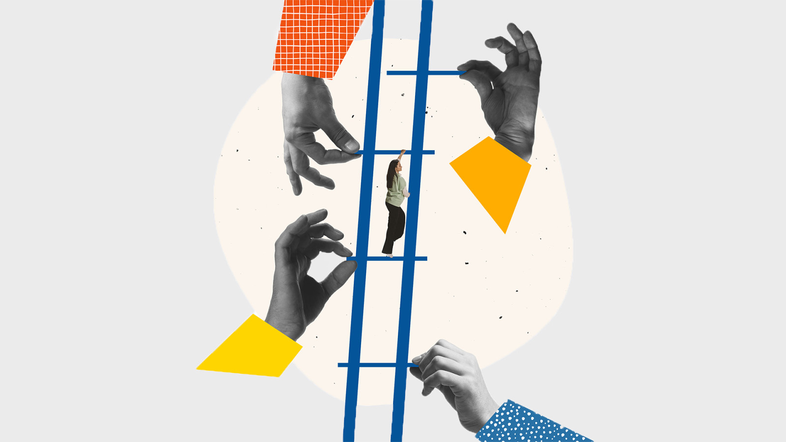 Mixed media hero image of person climbing ladder being held by hands for Wardour blog on why internal comms agencies need to adapt