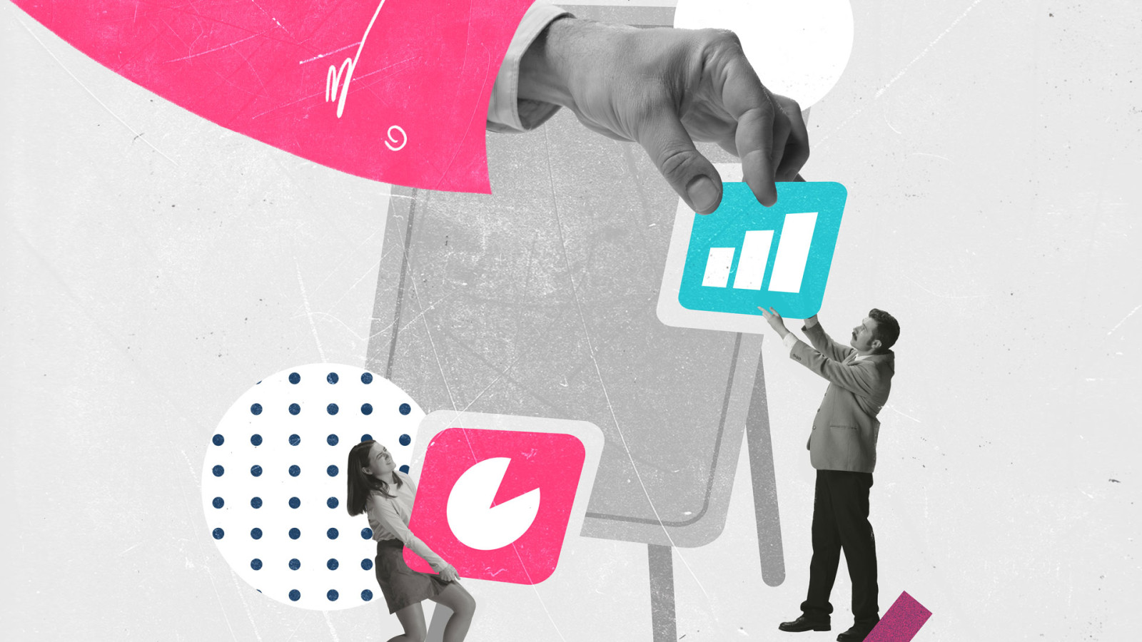 Man and woman holding up icons of graph and charts