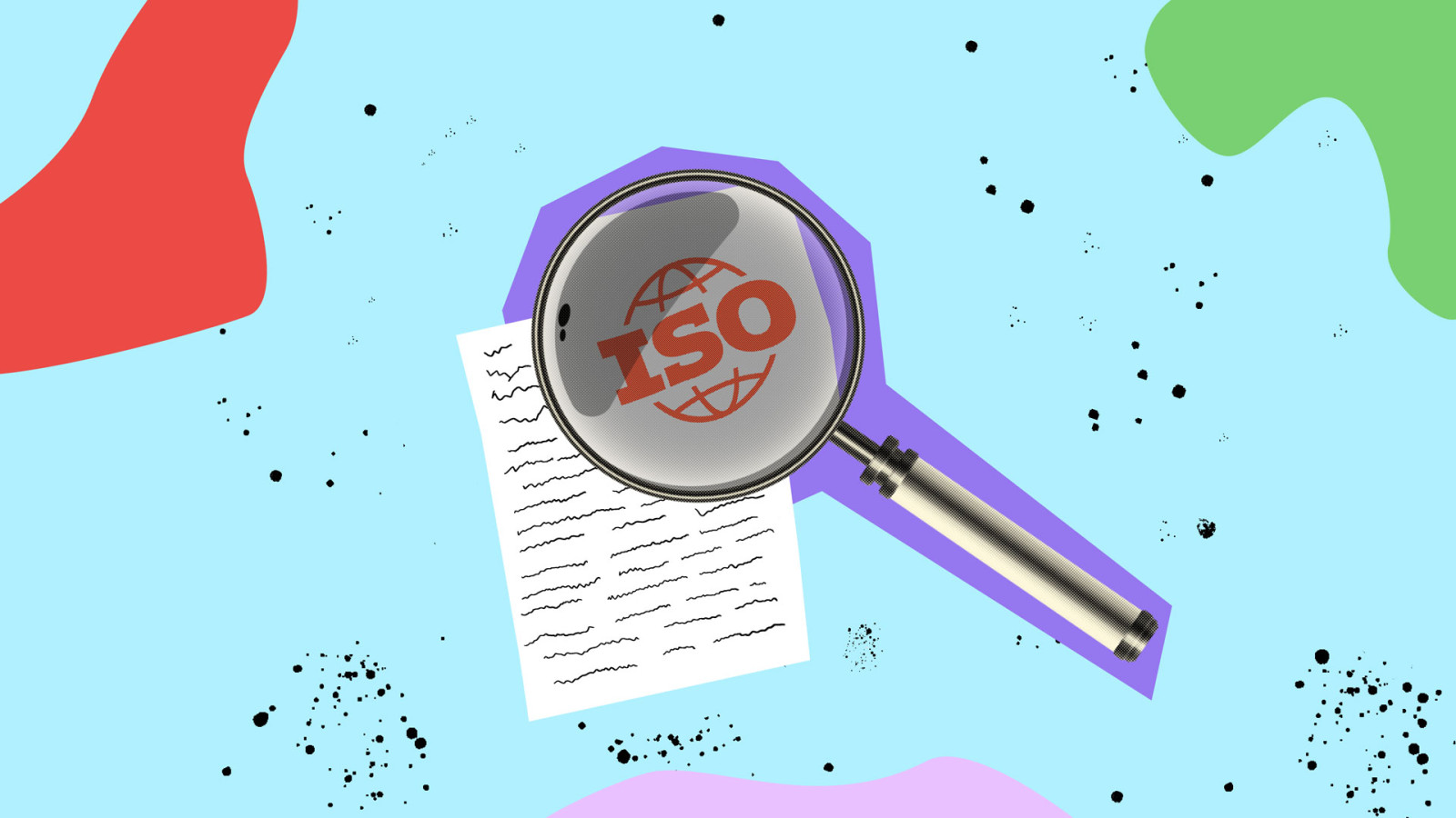 A magnifying glass hovering over a piece of paper with the letters ISO enlarged